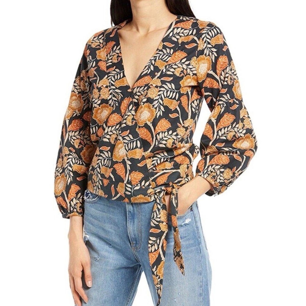 Faherty Seraphina Wrap Blouse Floral Woodblock Print V-Neck Side Tie Navy Small